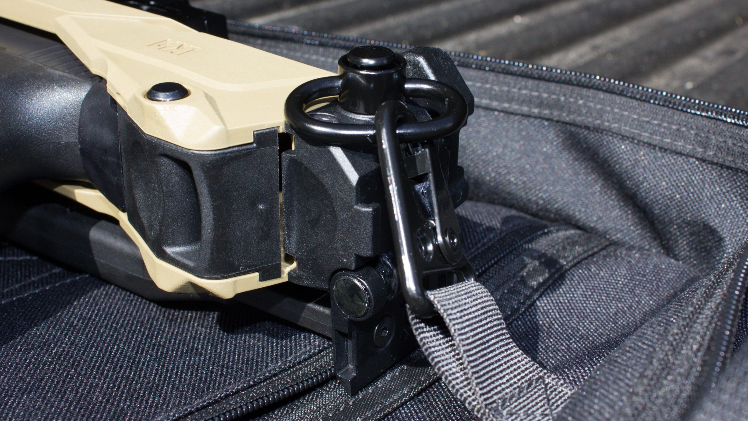 MX-1 hooked push button swivel on rapid deployment ballistic sling bag