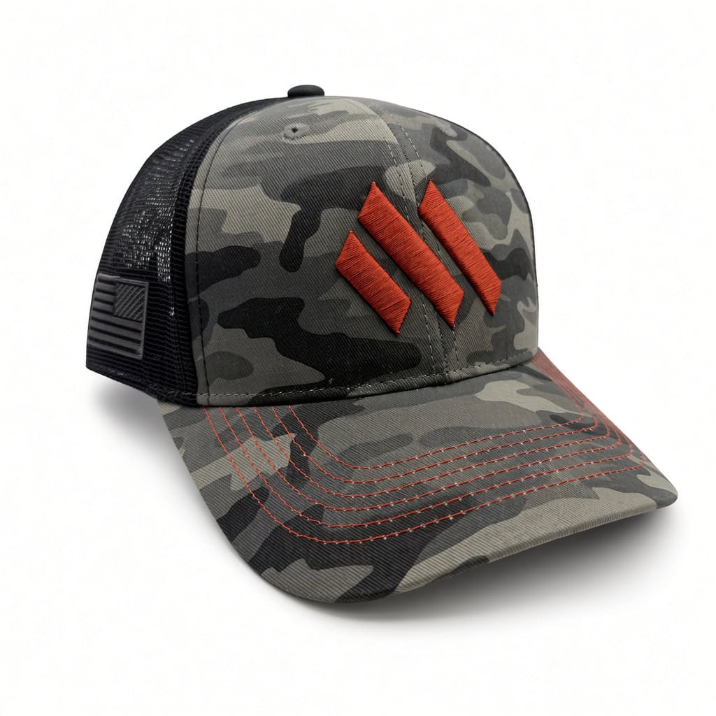 CUSTOM META BRANDED HAT, BLACK CAMO W/ RED LOGO & STITCH