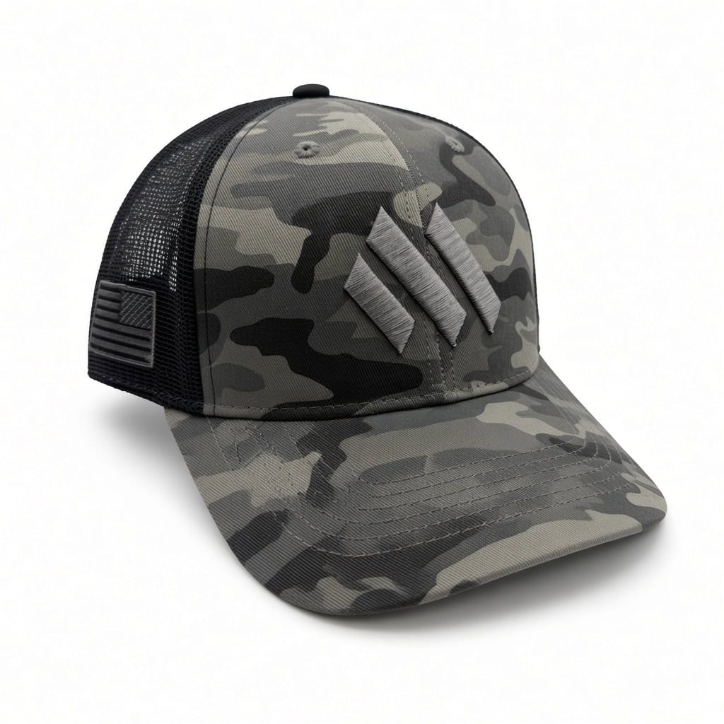 CUSTOM META BRANDED HAT, BLACK CAMO W/ CHARCOAL LOGO & STITCH